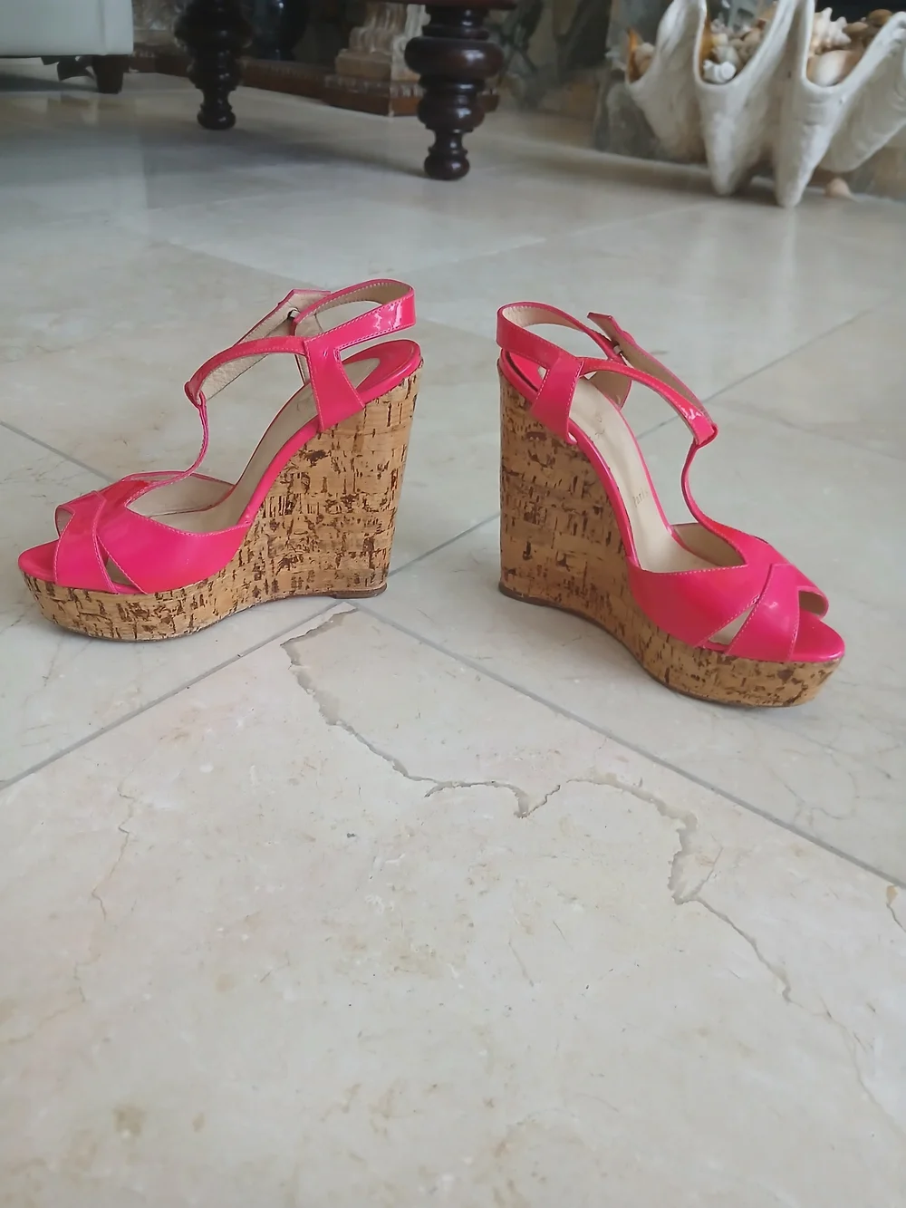 Christian Louboutin  Pink Cork Wedge Sandals - Stylish Platform Heels